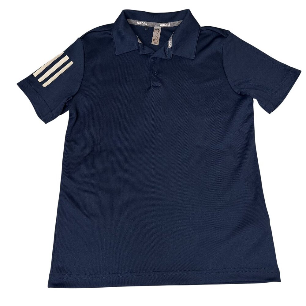 Adidas Boys Three Stripe Polo Shirt Top Logo Slinky Knit Blue M 11 12 NWOT